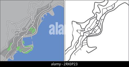 Geschichtete editierbare Vektorstreetmap von Monaco, die Linien und farbige Formen für Ländereien, Straßen und Parks enthält. Stock Vektor