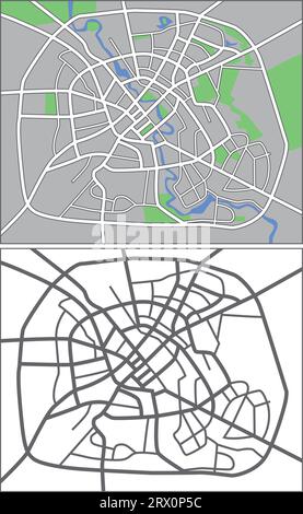 Geschichtete editierbare Vektorstraßenkarte von Minsk, Belarus, die Linien und farbige Formen für Land, Straßen, Flüsse und Parks enthält. Stock Vektor