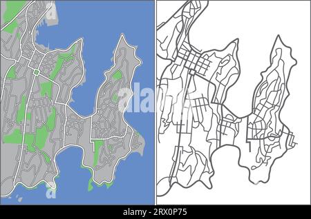 Geschichtete editierbare Vektorstreetmap von Wellington, Neuseeland, die Linien und farbige Formen für Land, Straßen und Parks enthält. Stock Vektor