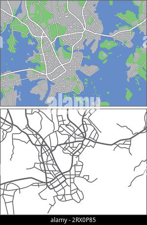 Mehrschichtige editierbare Vektorstreetmap von Helsinki, Finnland, die Linien und farbige Formen für Land, Straßen, Flüsse und Parks enthält. Stock Vektor