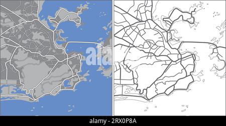 Mehrschichtige editierbare Vektorstreetmap von Rio de Janeiro, Brasilien, die Linien und farbige Formen für Land, Straßen, Flüsse und Parks enthält. Stock Vektor