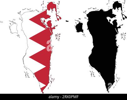 Geschichtete editierbare Vektorillustration Landkarte von Bahrain, die zwei Versionen enthält, bunte Landflagge Version und schwarze Silhouette Version. Stock Vektor