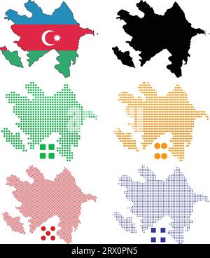 Geschichtete editierbare Vektorillustration Landkarte von Aserbaidschan, die bunte Landesflaggenversion, schwarze Silhouettenversion und defferentes Pixel enthält Stock Vektor