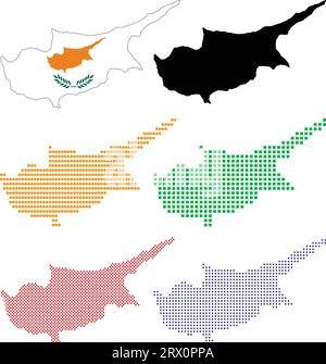 Geschichtete editierbare Vektorillustration Landkarte von Zypern, die zwei Versionen enthält, bunte Landflagge Version und schwarze Silhouette Version. Stock Vektor