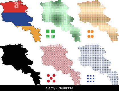 Geschichtete editierbare Vektor-Illustration Landkarte von Armenien, die zwei Versionen enthält, bunte Landflagge Version und schwarze Silhouette Version. Stock Vektor