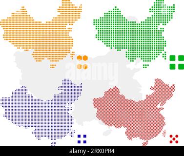 Geschichtete editierbare Vektorillustration Landkarte von China, die zwei Versionen enthält, bunte Landflagge Version und schwarze Silhouette Version. Stock Vektor