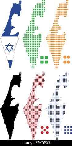 Geschichtete editierbare Vektorillustration Landkarte von Israel, die bunte Landesflaggenversion, schwarze Silhouettenversion und defferentes Pixel V enthält Stock Vektor