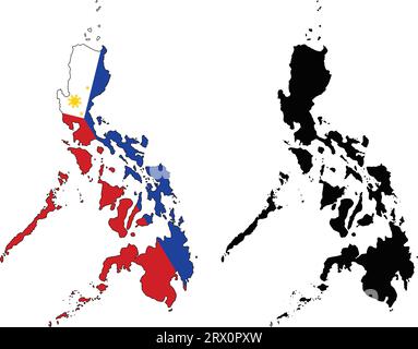Geschichtete editierbare Vektorillustration Landkarte der Philippinen, die zwei Versionen enthält, bunte Landflagge Version und schwarze Silhouette versio Stock Vektor