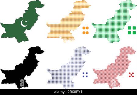 Geschichtete editierbare Vektor-Illustration Landkarte von Pakistan, die zwei Versionen enthält, bunte Landflagge Version und schwarze Silhouette Version. Stock Vektor