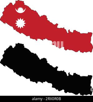 Geschichtete editierbare Vektorillustration Landkarte von Nepal, die zwei Versionen enthält, bunte Landflagge Version und schwarze Silhouette Version. Stock Vektor