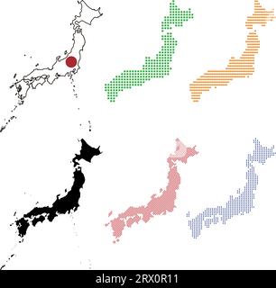 Geschichtete editierbare Vektorillustration Landkarte von Japan, die zwei Versionen enthält, bunte Landflagge Version und schwarze Silhouette Version. Stock Vektor