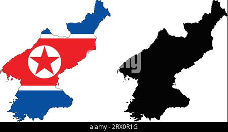 Geschichtete editierbare Vektorillustration Landkarte von Nordkorea, die zwei Versionen enthält, bunte Landflagge Version und schwarze Silhouette versio Stock Vektor