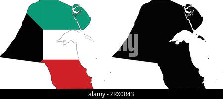 Geschichtete editierbare Vektor-Illustration Landkarte von Kuwait, die zwei Versionen enthält, bunte Land Flagge Version und schwarze Silhouette Version. Stock Vektor