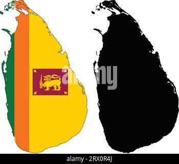 Geschichtete editierbare Vektor-Illustration Landkarte von Sri Lanka, die zwei Versionen enthält, bunte Landflagge Version und schwarze Silhouette Version. Stock Vektor
