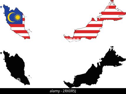 Geschichtete editierbare Vektorillustration Landkarte von Malaysia, die zwei Versionen enthält, bunte Landflagge Version und schwarze Silhouette Version. Stock Vektor