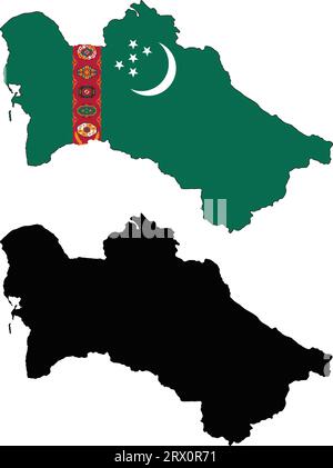 Geschichtete editierbare Vektorillustration Landkarte von Turkmenistan, die zwei Versionen enthält, bunte Landflaggenversion und schwarze Silhouette Stock Vektor