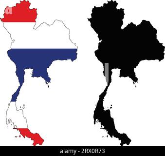 Geschichtete editierbare Vektorillustration Landkarte von Thailand, die zwei Versionen enthält, bunte Landflagge Version und schwarze Silhouette Version. Stock Vektor