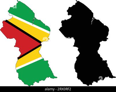 Geschichtete editierbare Vektorillustration Landkarte von Guyana, die zwei Versionen enthält, bunte Landflagge Version und schwarze Silhouette Version. Stock Vektor