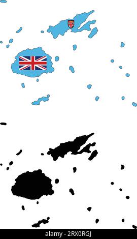 Geschichtete editierbare Vektorillustration Landkarte von Fidschi, die zwei Versionen enthält, bunte Landflagge Version und schwarze Silhouette Version. Stock Vektor