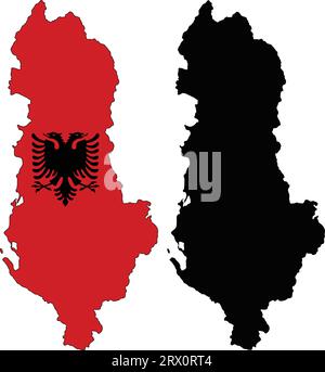 Geschichtete editierbare Vektorillustration Landkarte von Albanien, die zwei Versionen enthält, bunte Landflagge Version und schwarze Silhouette Version. Stock Vektor