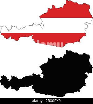 Geschichtete editierbare Vektorillustration Landkarte von Österreich, die zwei Versionen enthält, bunte Landflagge Version und schwarze Silhouette Version. Stock Vektor