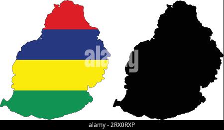 Geschichtete editierbare Vektorillustration Landkarte von Mauritius, die zwei Versionen enthält, bunte Landflagge Version und schwarze Silhouette Version. Stock Vektor