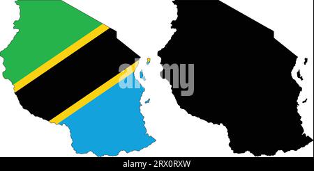 Geschichtete editierbare Vektor-Illustration Landkarte von Tansania, die zwei Versionen enthält, bunte Landflagge Version und schwarze Silhouette Version. Stock Vektor