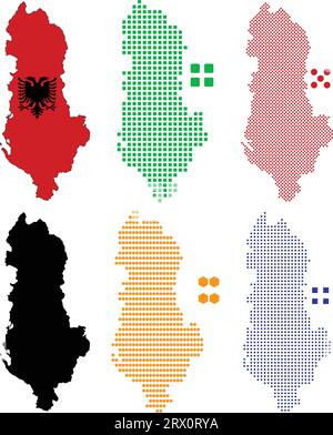 Geschichtete editierbare Vektorillustration Landkarte von Albanien, die bunte Landesflaggenversion, schwarze Silhouettenversion und defferentes Pixel enthält Stock Vektor