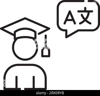 Absolvent des Mörserbretts, der eine Fremdsprache lernt. Pixel perfekter, bearbeitbarer Hub Stock Vektor