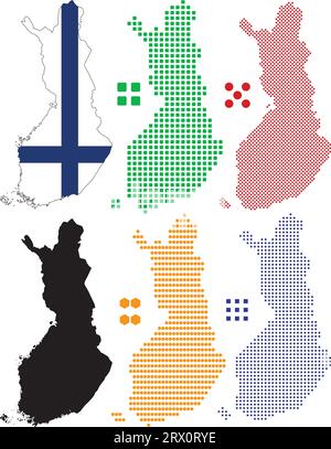 Geschichtete editierbare Vektorillustration Landkarte von Finnland, die bunte Landesflaggenversion, schwarze Silhouettenversion und defferentes Pixel enthält Stock Vektor