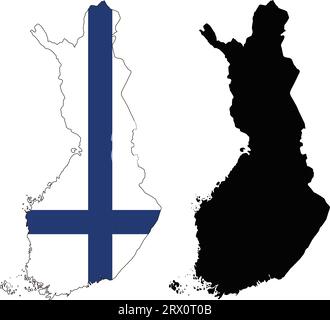 Geschichtete editierbare Vektorillustration Landkarte von Finnland, die zwei Versionen enthält, bunte Landflagge Version und schwarze Silhouette Version. Stock Vektor