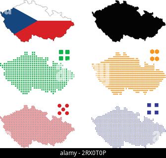 Geschichtete editierbare Vektorillustration Landkarte von Tschechisch, die bunte Landesflaggenversion, schwarze Silhouettenversion und defferentes Pixel ve enthält Stock Vektor