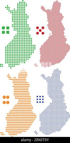 Geschichtete editierbare Vektorillustration Landkarte von Finnland, die bunte Landesflaggenversion, schwarze Silhouettenversion und defferentes Pixel enthält Stock Vektor