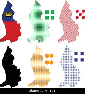 Mehrschichtige editierbare Vektorillustration Landkarte von Liechtenstein, die bunte Landesflaggenversion, schwarze Silhouettenversion und defferent enthält Stock Vektor