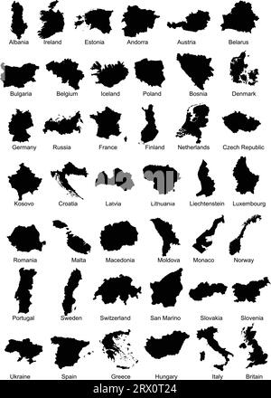 Geschichtete editierbare Vektorillustration Silhouette Landkarte von 42 europäischen Ländern. Stock Vektor