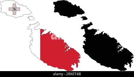 Geschichtete editierbare Vektorillustration Landkarte von Malta, die zwei Versionen enthält, bunte Landflagge Version und schwarze Silhouette Version. Stock Vektor