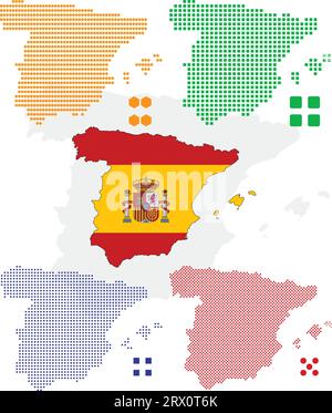 Geschichtete editierbare Vektorillustration Landkarte von Spanien, die bunte Landesflaggenversion, schwarze Silhouettenversion und defferentes Pixel ve enthält Stock Vektor