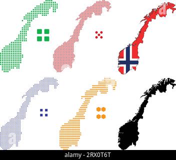 Geschichtete editierbare Vektorillustration Landkarte von Norwegen, die bunte Landesflaggenversion, schwarze Silhouettenversion und defferentes Pixel V enthält Stock Vektor