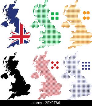 Geschichtete editierbare Vektorillustration Landkarte des Vereinigten Königreichs, die bunte Landflaggenversion, schwarze Silhouettenversion und deffe enthält Stock Vektor