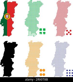 Geschichtete editierbare Vektorillustration Landkarte von Portugal, die bunte Landesflaggenversion, schwarze Silhouettenversion und defferentes Pixel enthält Stock Vektor