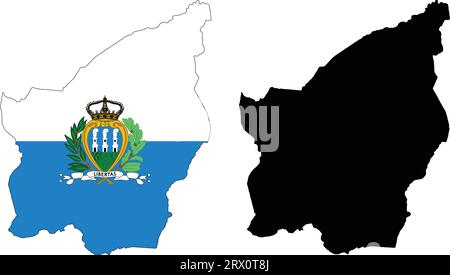 Geschichtete editierbare Vektorillustration Landkarte von San Marino, die zwei Versionen enthält, bunte Landflagge Version und schwarze Silhouette Version Stock Vektor