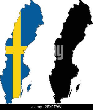 Geschichtete editierbare Vektorillustration Landkarte von Schweden, die zwei Versionen enthält, bunte Landflagge Version und schwarze Silhouette Version. Stock Vektor