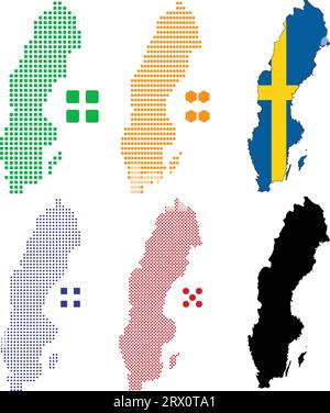 Geschichtete editierbare Vektorillustration Landkarte von Schweden, die bunte Landesflaggenversion, schwarze Silhouettenversion und defferentes Pixel V enthält Stock Vektor