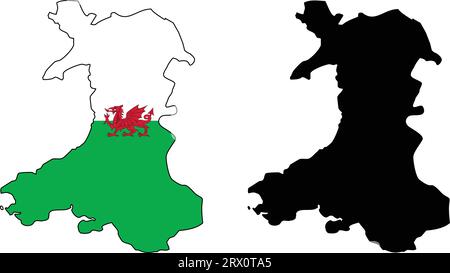 Geschichtete editierbare Vektorillustration Landkarte von Wales, die zwei Versionen enthält, bunte Landflagge Version und schwarze Silhouette Version. Stock Vektor