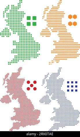 Geschichtete editierbare Vektorillustration Landkarte des Vereinigten Königreichs, die bunte Landflaggenversion, schwarze Silhouettenversion und deffe enthält Stock Vektor