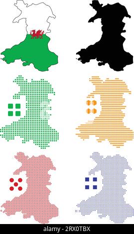 Geschichtete editierbare Vektorillustration Landkarte von Wales, die bunte Landesflaggenversion, schwarze Silhouettenversion und defferentes Pixel ve enthält Stock Vektor
