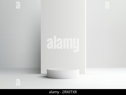 3D realistische, moderne, minimalistische, weiße Podiumplattform mit geometrischem Hintergrund auf weißem und grauem Hintergrund. Du kannst es für Schönheitskosmetik-Präsentationen verwenden Stock Vektor