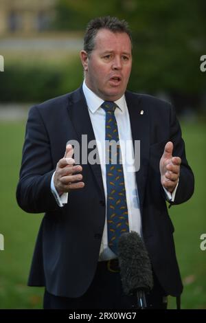 London, England, Großbritannien. September 2023. Umweltminister MARK SPENCER wird während der morgendlichen Medienrunde in Westminster gesehen. (Bild: © Thomas Krych/ZUMA Press Wire) NUR REDAKTIONELLE VERWENDUNG! Nicht für kommerzielle ZWECKE! Stockfoto