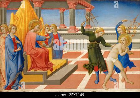 Sano di Pietro (1405–1481) – der Heilige Jerome träumt von Christus, der seine Geißelung von zwei Engeln 1444, 24х36 anordnet Stockfoto