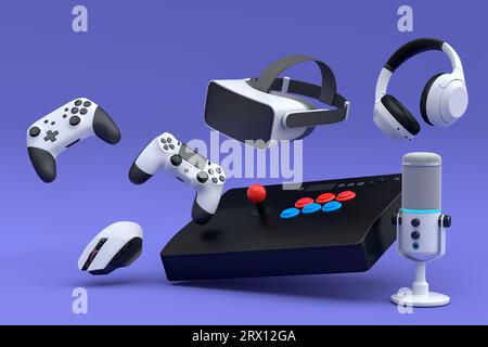 Spielerausrüstung wie Maus, Mikrofon, Joystick, Kopfhörer, Vintage-Arcade-Stick und VR-Brille auf violettem Hintergrund. 3D-Rendering von Zubehör Stockfoto